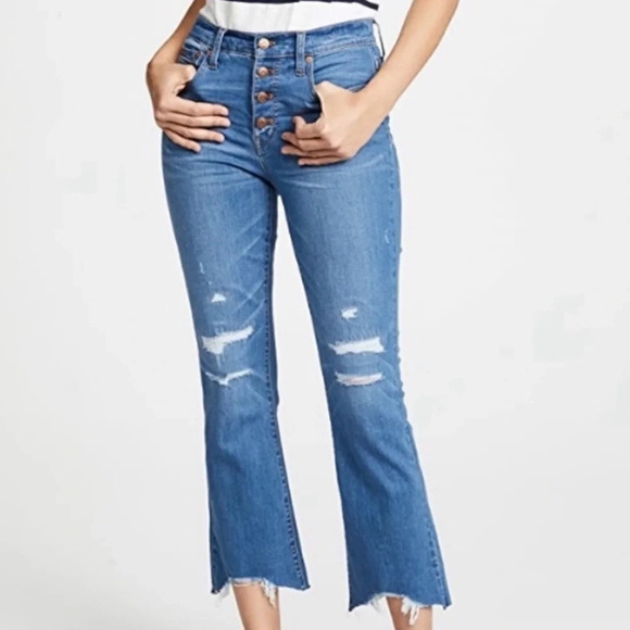 Madewell Cali Demi Boot Kick Out Bootcut Distressed Jeans Button Front Size 25 - Picture 1 of 14